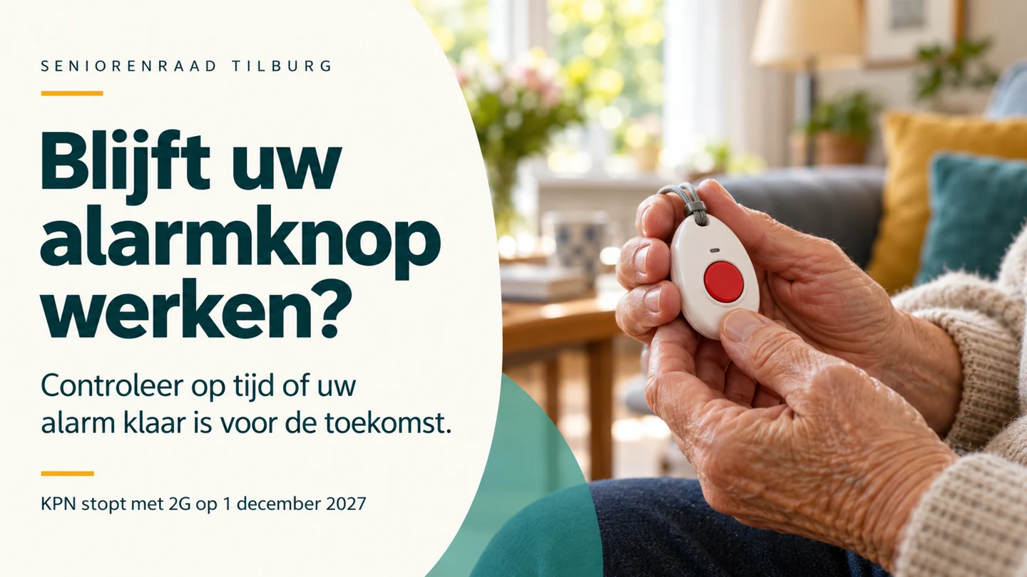 Een oudere houdt een alarmknop vast. Blijft uw alarmknop werken? KPN stopt met 2G op 1 december 2027.