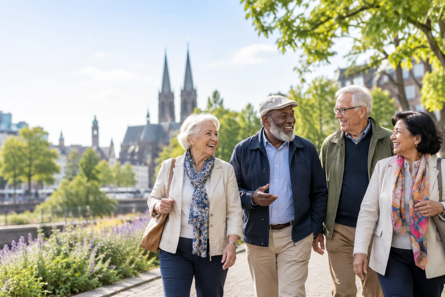 Vier diverse senioren lopen samen door een groene stedelijke omgeving