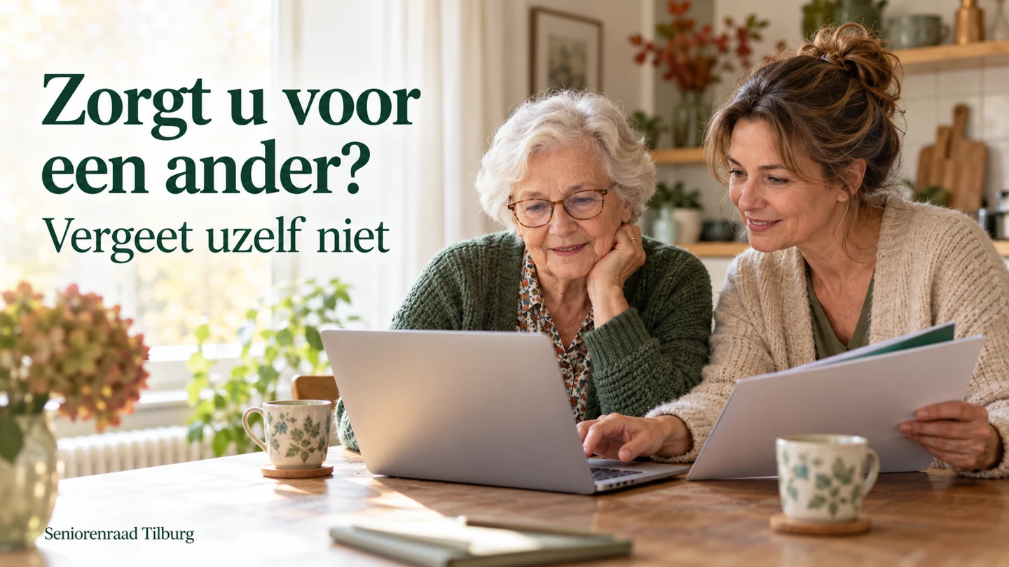 Een oudere vrouw en haar dochter bekijken samen een laptop en documenten. Zorgt u voor een ander? Vergeet uzelf niet.